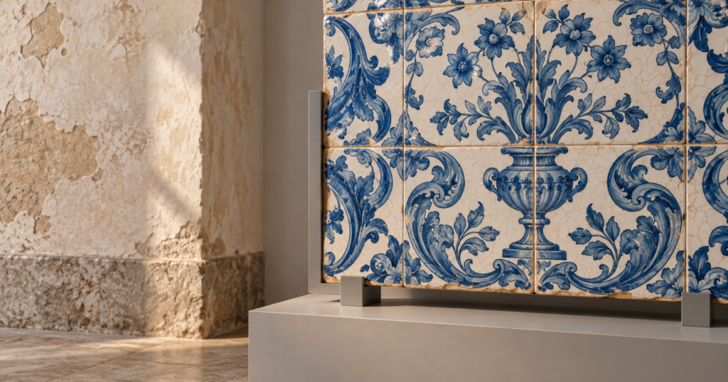 Ilustração conceitual de azulejos em suporte museológico. Não é fotografia do acervo do CCSF.