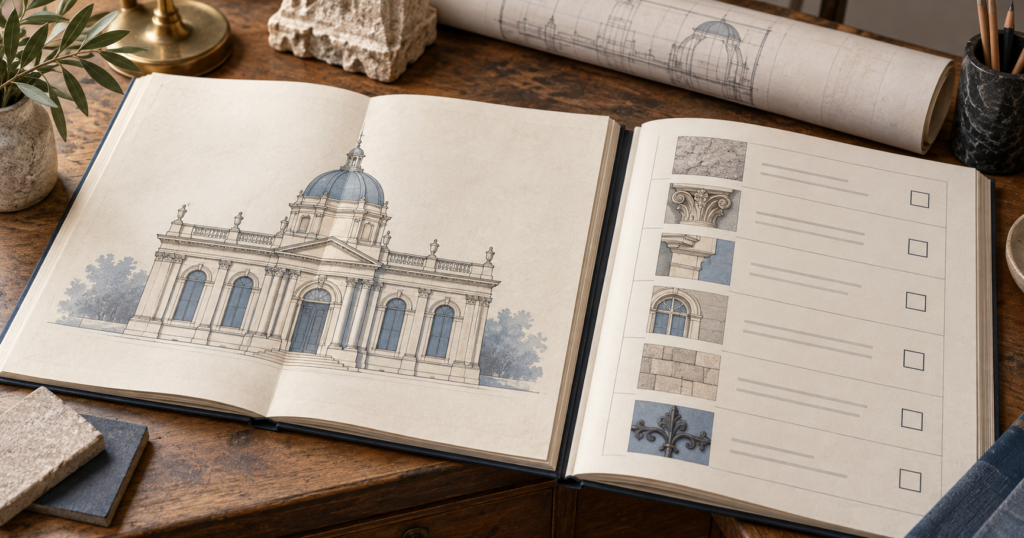 Ilustração conceitual de documentos de projeto e especificações de serviços.
